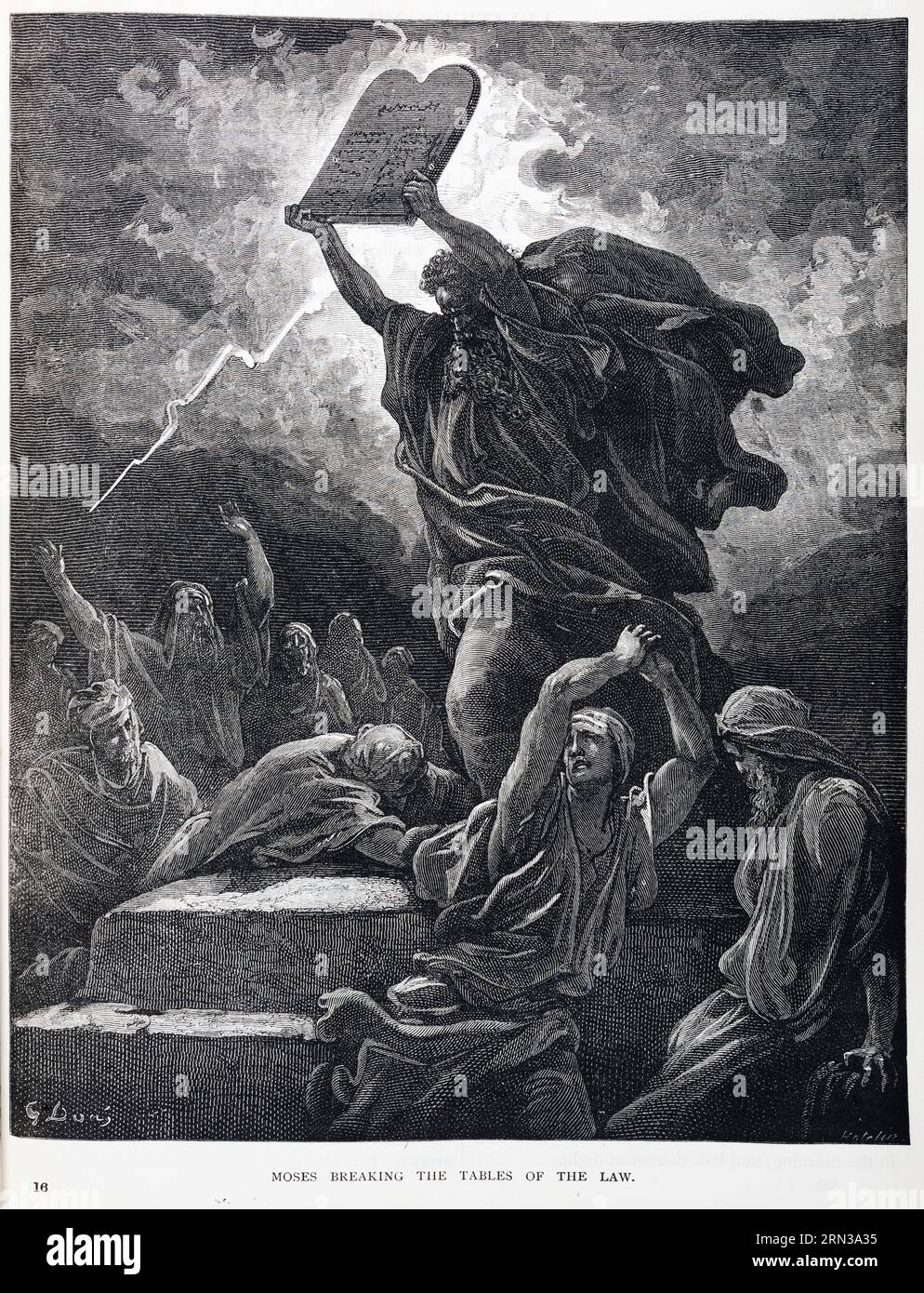 Moses Breaking the Tables of the Law, a wood engraving by Gustave Doré, from his 1866 illustrated version of the King James Bible, first published in France as La Grande Bible de Tours Stock Photo