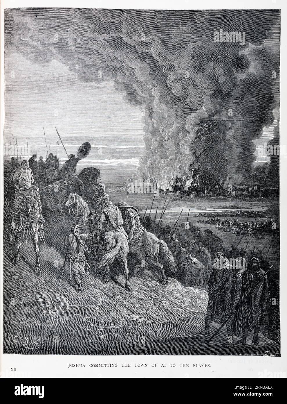 Joshua Committing the Town of Ai to the Flames, a wood engraving by Gustave Doré, from his 1866 illustrated version of the King James Bible, first published in France as La Grande Bible de Tours Stock Photo