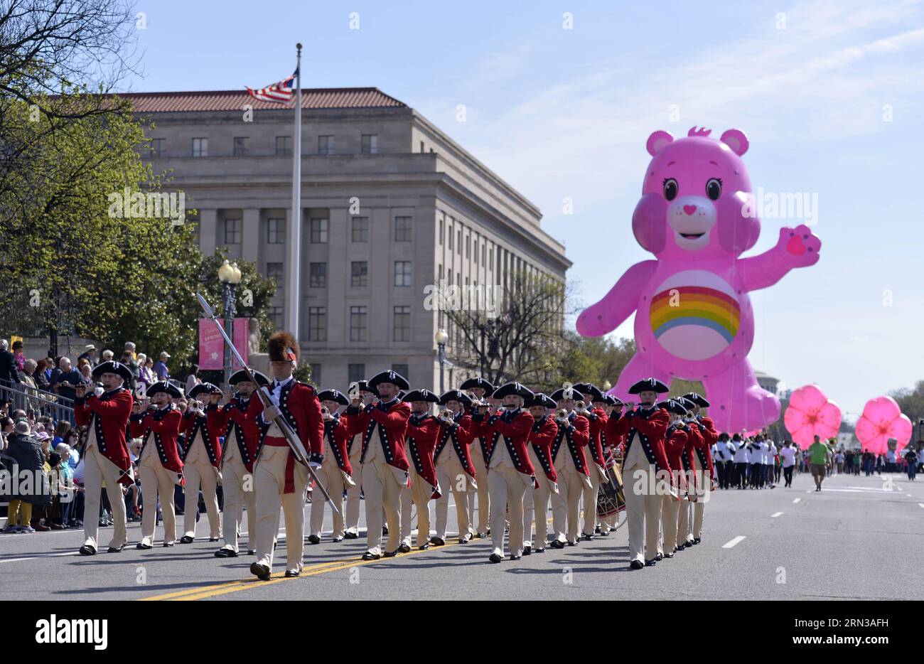 (150411) -- WASHINGTON D.C., April 11, 2015 -- Soldiers of a military band attend the annual Cherry Blossom Festival Parade along the Constitution Avenue in Washington D.C., capital of the United States, April 11, 2015. The parade is one of the US capital s biggest public events, drawing about 100,000 spectators from around the world. ) U.S.-WASHINGTON D.C.-CHERRY BLOSSOM-FESTIVAL YinxBogu PUBLICATIONxNOTxINxCHN   Washington D C April 11 2015 Soldiers of a Military Tie attend The Annual Cherry Blossom Festival Parade Along The Constitution Avenue in Washington D C Capital of The United States Stock Photo