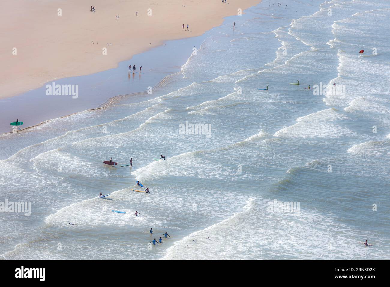 France, Vendee, St Gilles Croix de Vie, walkers and surf schools on the Grande Plage (aerial view) Stock Photo