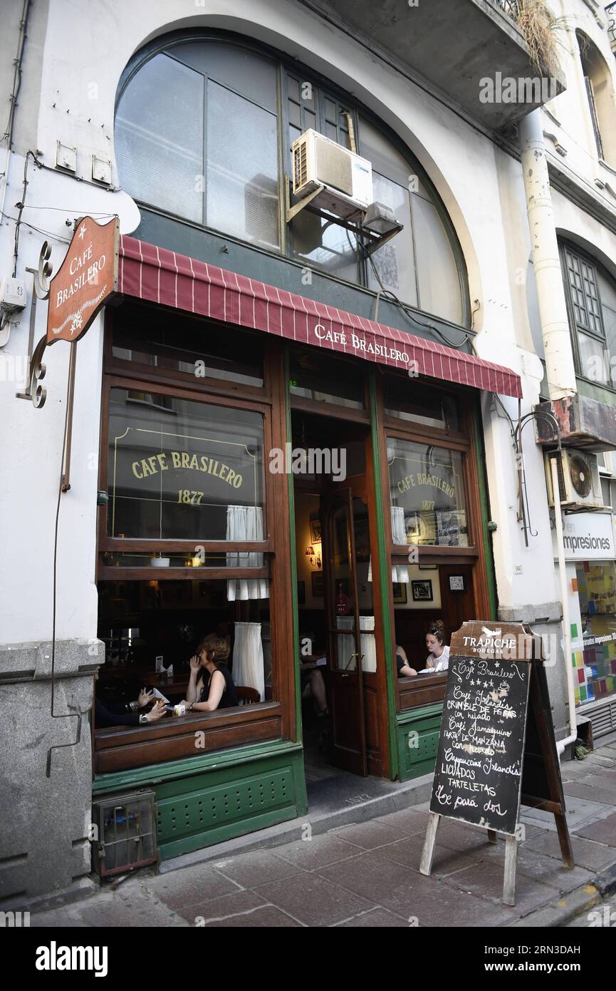 (150413) -- MONTEVIDEO, April 13, 2015 -- Photo taken on April 13, 2015 shows the exterior view of Cafe Brasilero , which Uruguayan writer Eduardo Galeano used to visit, in the Ciudad Vieja, in Montevideo, capital of Uruguay. Uruguayan writer Eduardo Galeano, author of Open Veins of Latin America , died on Monday in Montevideo at 74 years old. Nicolas Celaya) (rtg) URUGUAY-MONTEVIDEO-CULTURE-EDUARDO GALEANO e NICOLASxCELAYA PUBLICATIONxNOTxINxCHN   Montevideo April 13 2015 Photo Taken ON April 13 2015 Shows The Exterior View of Cafe Brasilero Which Uruguayan Writer Eduardo Galeano Used to Visi Stock Photo