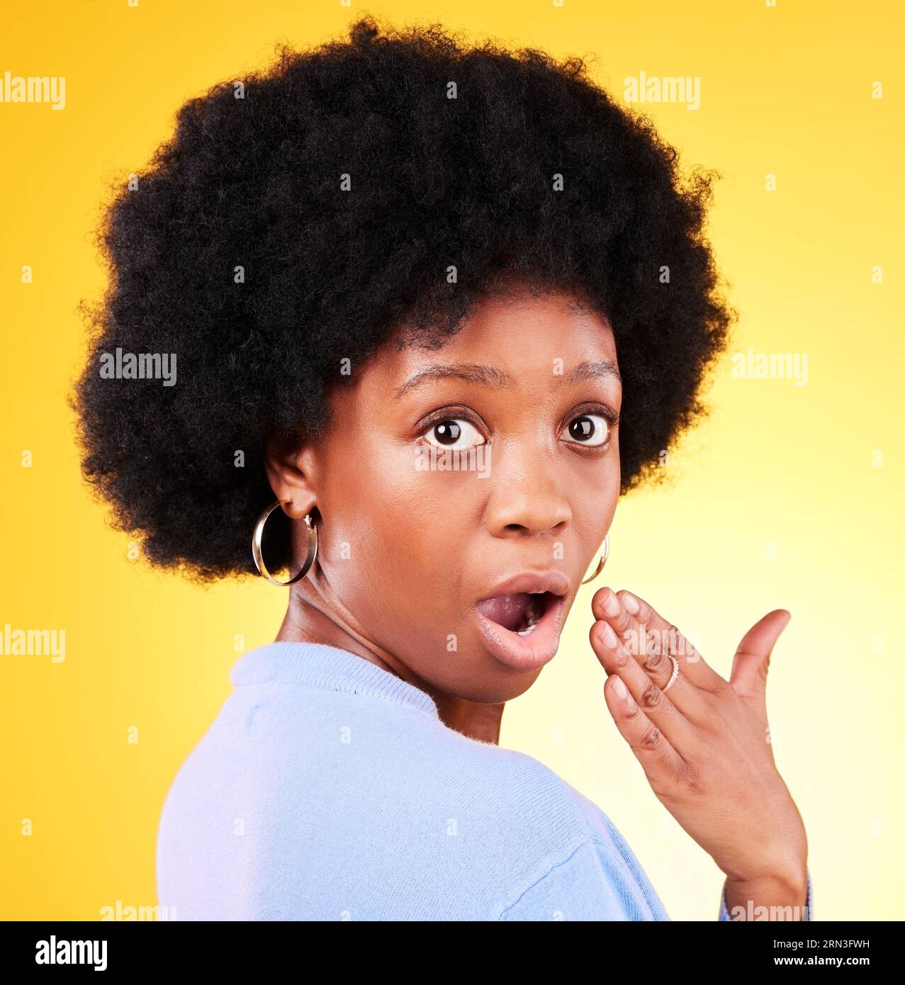 Portrait, hand and face of surprised black woman in studio, shocked and wow  emoji for gossip, drama or news. Person, omg and girl with afro hearing  Stock Photo - Alamy