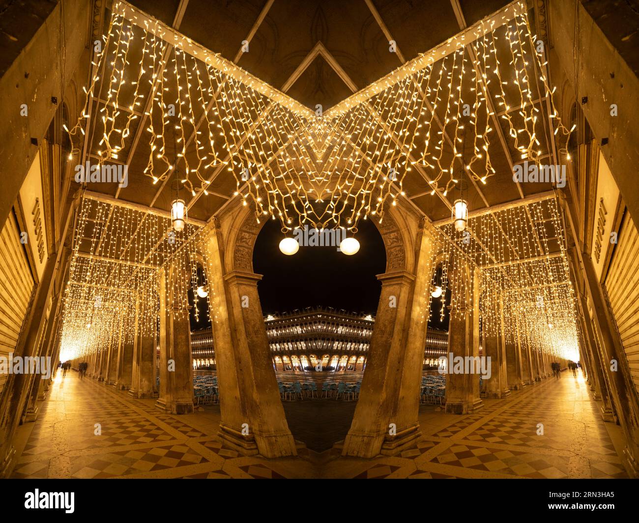 Christmas lights hanging in the arcade in San Marco Square, Venice