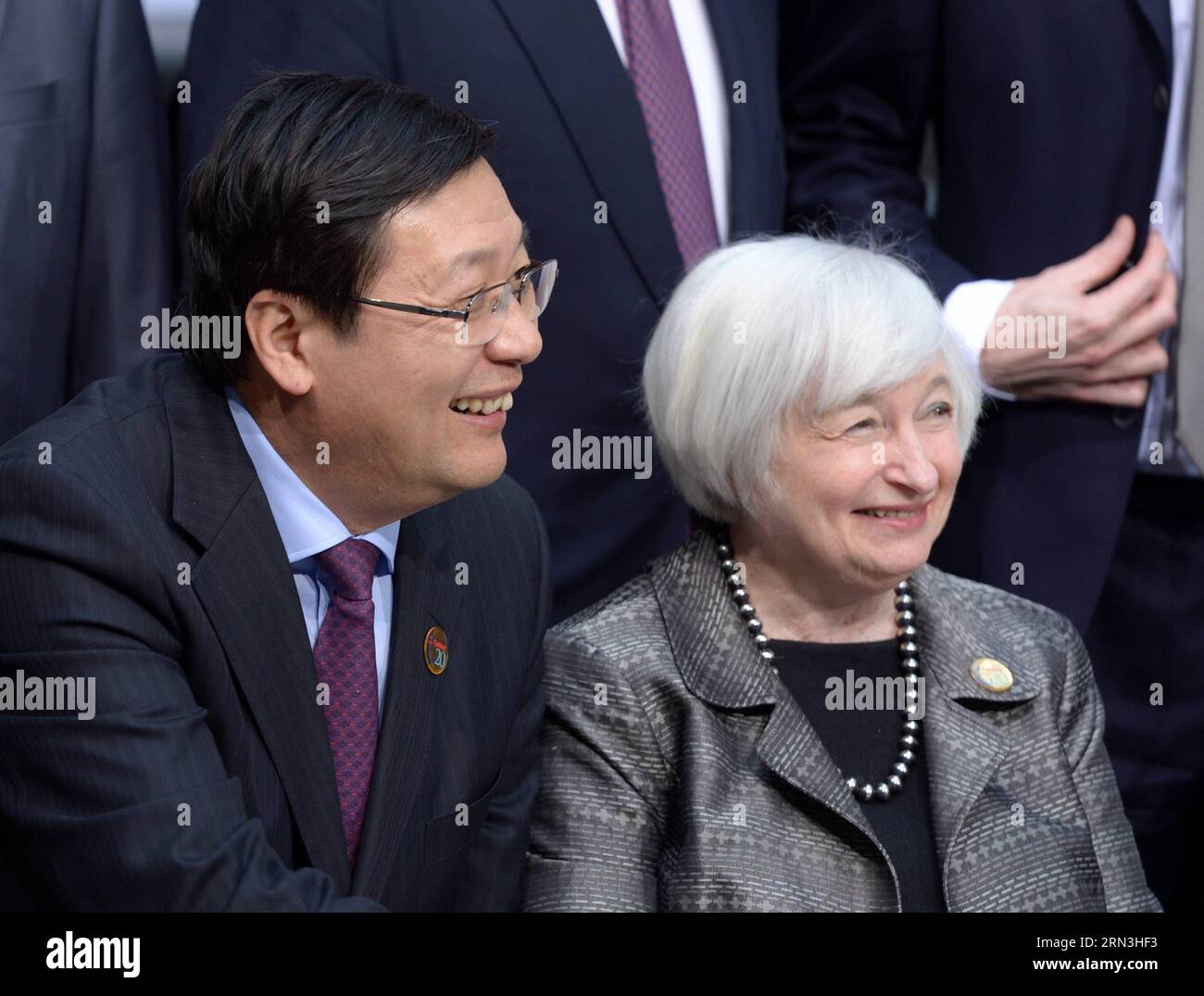 (150417) -- WASHINGTON D.C., April 17, 2015 -- Chinese finance minister Lou Jiwei(L) and U.S. Federal Reserve Chair Janet Yellen are seen before a family photo during the meeting of G20 finance ministers and central bank governors in Washington D.C., capital of the United States, April 17, 2015. The Group of 20 leading economies (G20) remained deeply disappointed with the continued delay in progressing the 2010 International Monetary Fund (IMF) quota reform, G20 finance ministers and central bank governors said in a communique on Friday. ) U.S.-WASHINGTON-WORLD BANK GROUP-IMF-ANNUAL MEETINGS Y Stock Photo