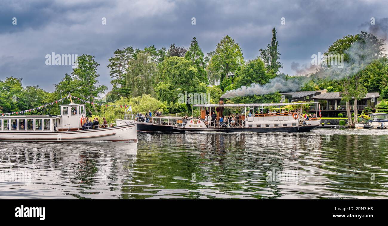 Old tourboat steamboat Hjejlen at the Lakes near Silkeborg in the Danish Sea higlands, Denmark Stock Photo