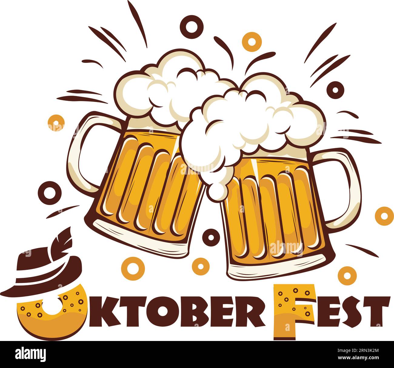 Oktoberfest beer festival logo. Beer mugs, bubbles, traditional hat