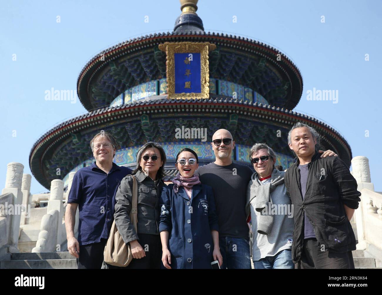 150420 -- BEIJING, April 20, 2015 -- Jury members Fernando Meirelles, Peter Chan, Zhou Xun, Fedor Bondarchuk, Robert Mark Kamen and Kim Ki-duk L-R pose for group photos as they visit the Temple of Heaven in Beijing, capital of China, April 20, 2015.  mp CHINA-BEIJING-FILM FESTIVAL-JURY-TEMPLE OF HEAVEN-VISIT CN WangxShen PUBLICATIONxNOTxINxCHN Stock Photo