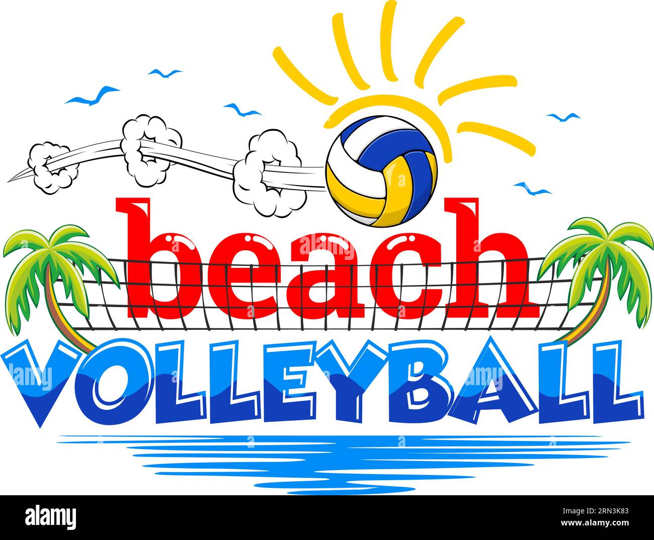 Beach volleyball invitation card. Flyer with volleyball, palm trees and ...