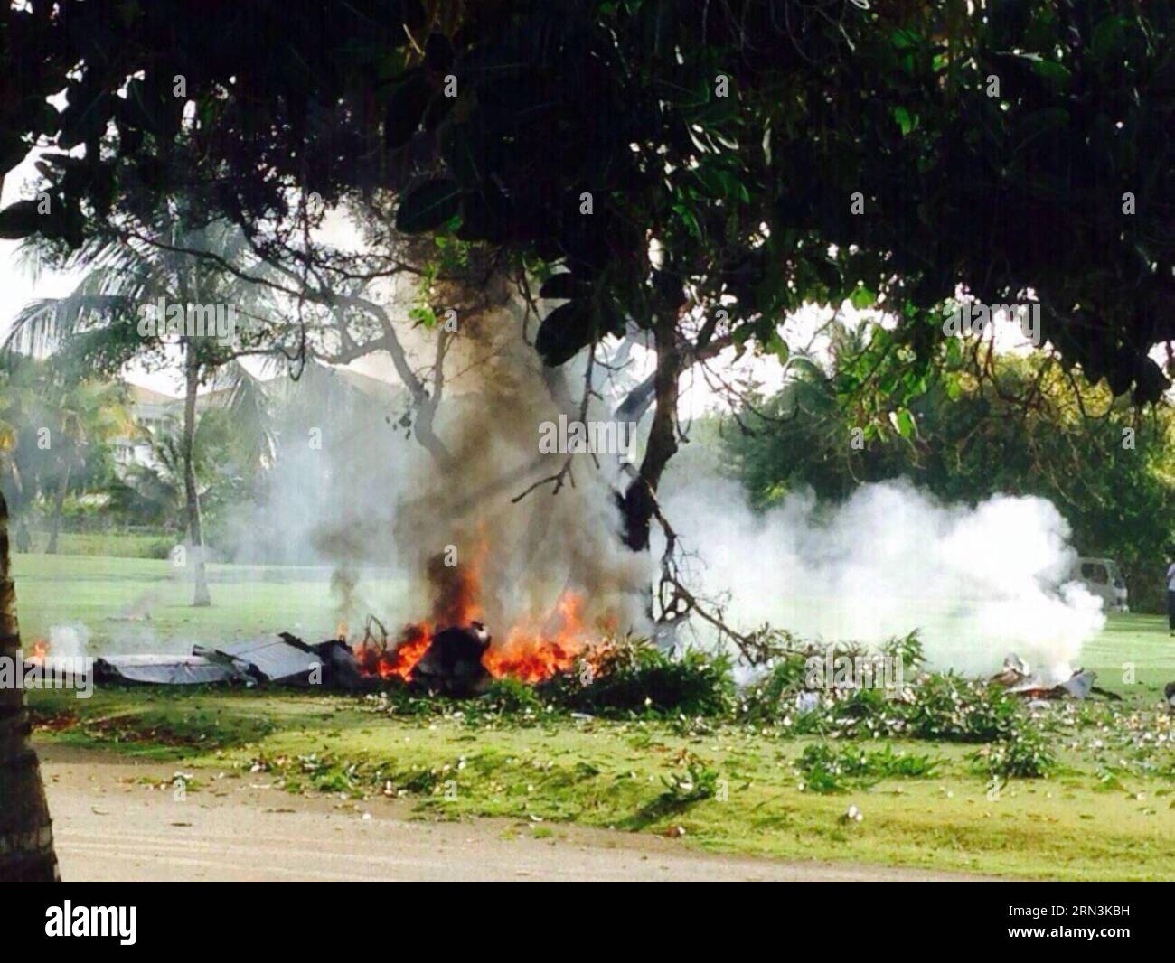 (150421) -- PUNTA CANA, April 20, 2015 -- Image provided by , taken with a mobile phone, of debris burning in the place of the accident of a plane, in Punta Cana, Dominican Republic, on April 20, 2015. Four Spanish and two British tourists died in the accident of a plane that occurred on Monday in Dominican Republic, local authorities confirmed. The accident happened after 08:00, local hour, when the type PA-32 plane, registration number HI-957, precipitated to the ground and caught fire, close to a residential zone of the touristic locality of Punta Cana, leaving no survivors. ) (da) DOMINICA Stock Photo