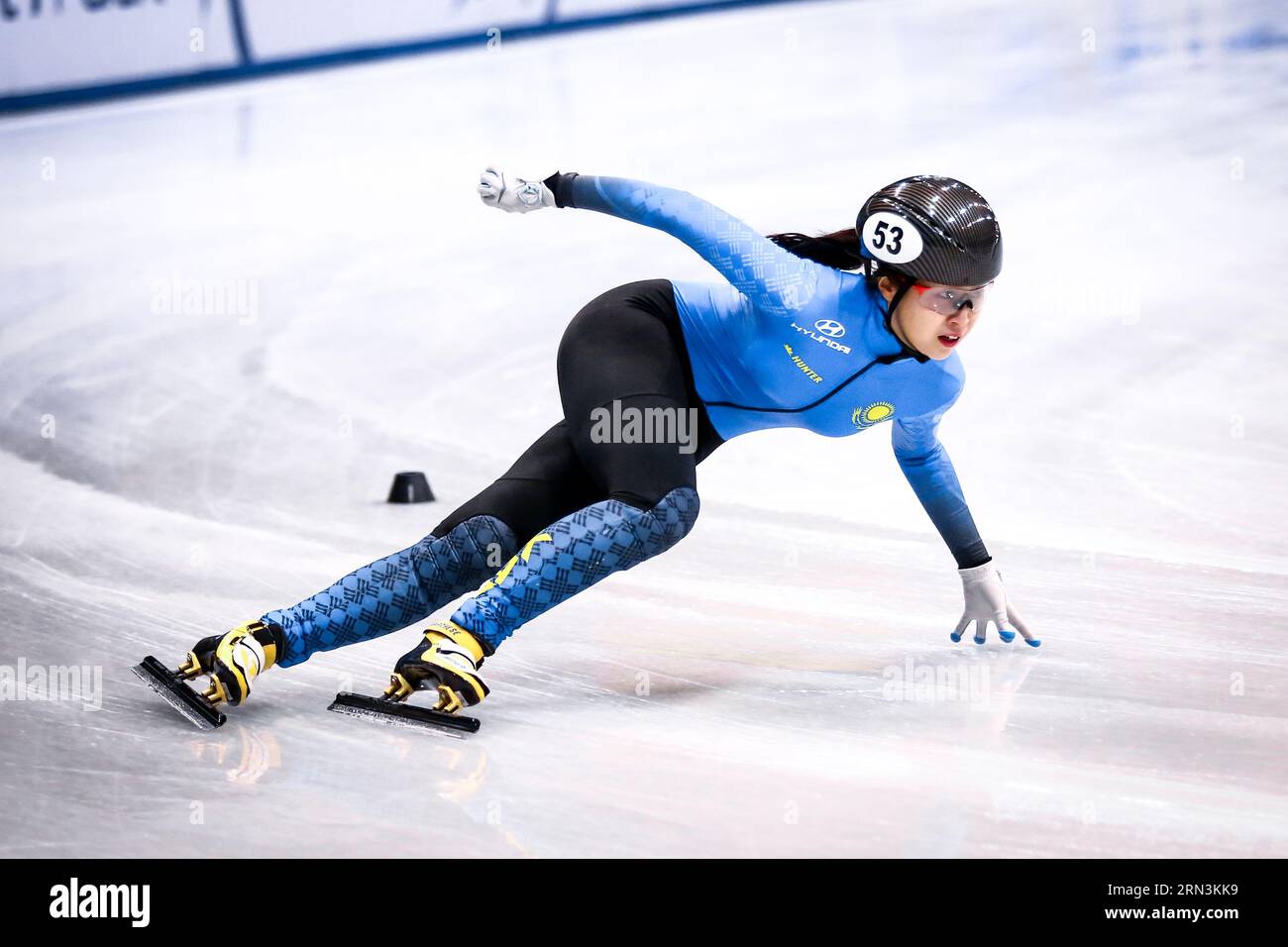 Dresden, Germany, February 02, 2019: Kazakh speed skater Iong A Kim competes during the ISU Short Track Speed Skating World Cup in Dresden, Germany Stock Photo