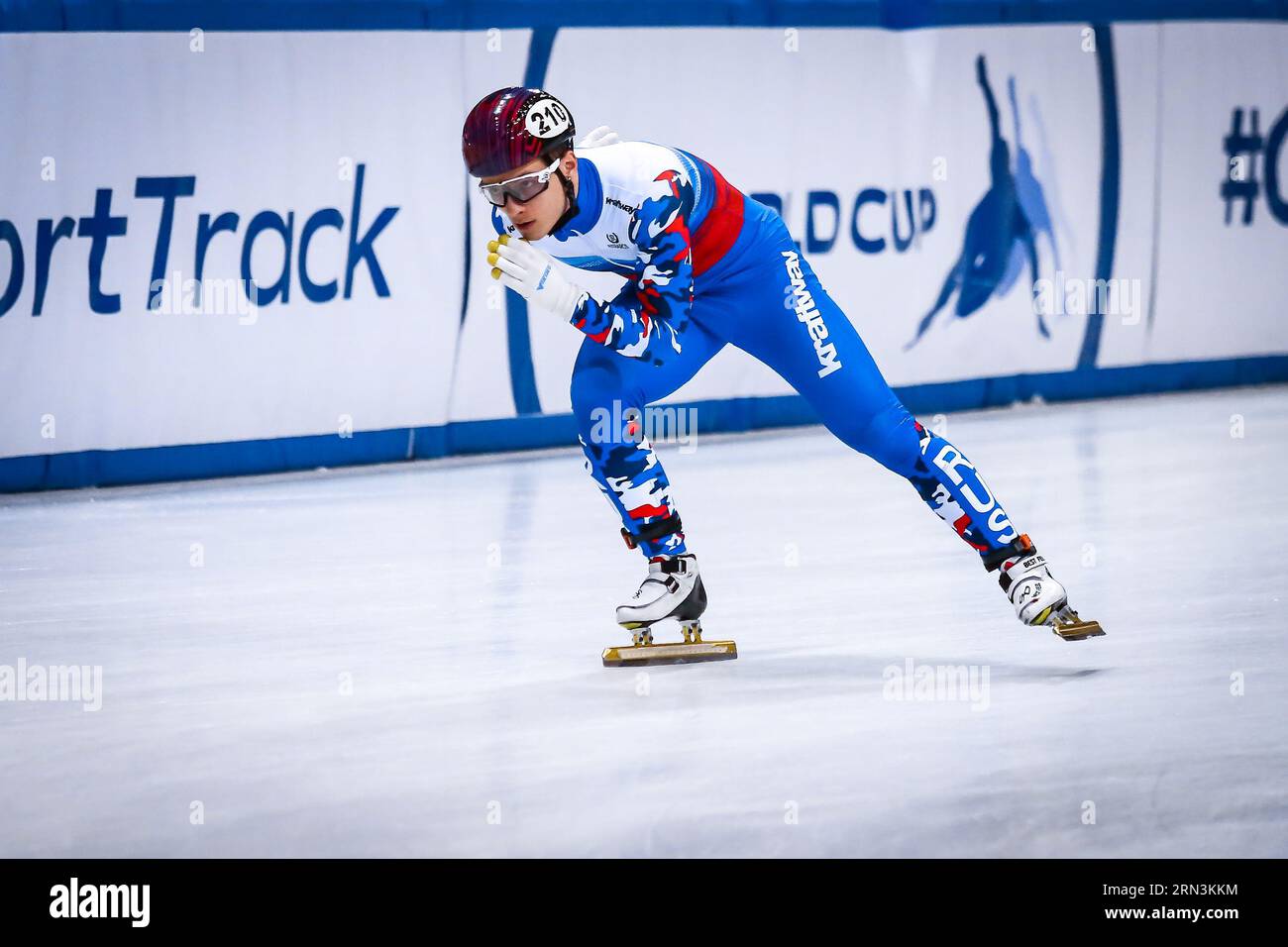 Dresden, Germany, February 03, 2019: male speed skater Daniil Eybog of Russia competes during the ISU Short Track Speed Skating World Championship Stock Photo