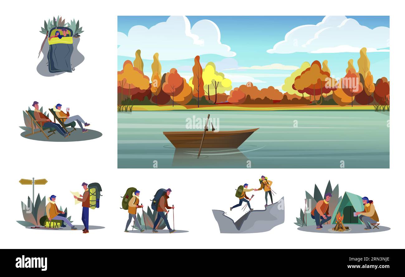 Set of young tourists hiking Stock Vector