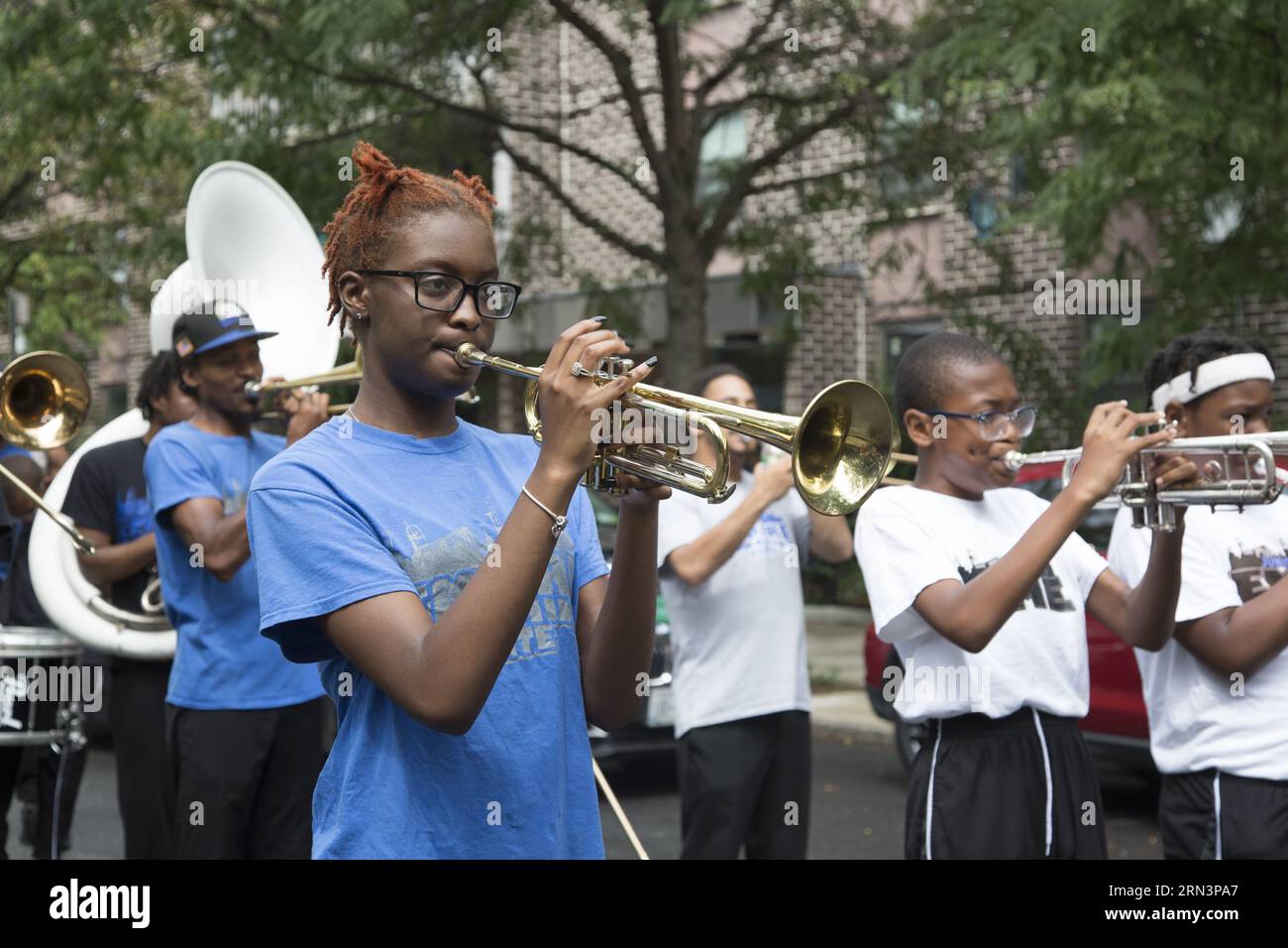 Empire Marching Elite marches and plays at the annual Hip Hop Parade for Social Justice celebrating the 50th anniversary of Hip Hop through  Bedford Stuyvesant, Brooklyn, New York. Stock Photo