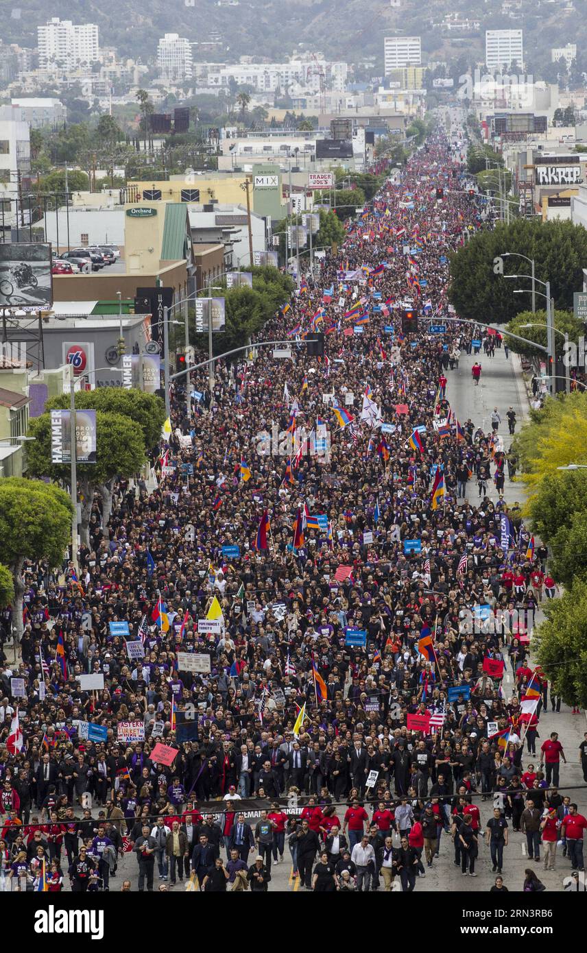 (150425) -- LOS ANGELES, Apr. 25, 2015 -- People participate in the rally marking the 100th anniversary of a genocide against the Armenians, in Los Angeles, the United States, on April 25, 2015. Demonstrators holding placards and national flags of Armenia marched to the consulate of Turkey in Los Angeles to mark the 100th anniversary of a genocide against the Armenians. ) (zhf) US-LOS ANGELES-ARMENIA-GENOCIDE-100TH ANNIVERSARY-RALLY ZhaoxHanrong PUBLICATIONxNOTxINxCHN   Los Angeles Apr 25 2015 Celebrities participate in The Rally marking The 100th Anniversary of a Genocide against The Armenian Stock Photo