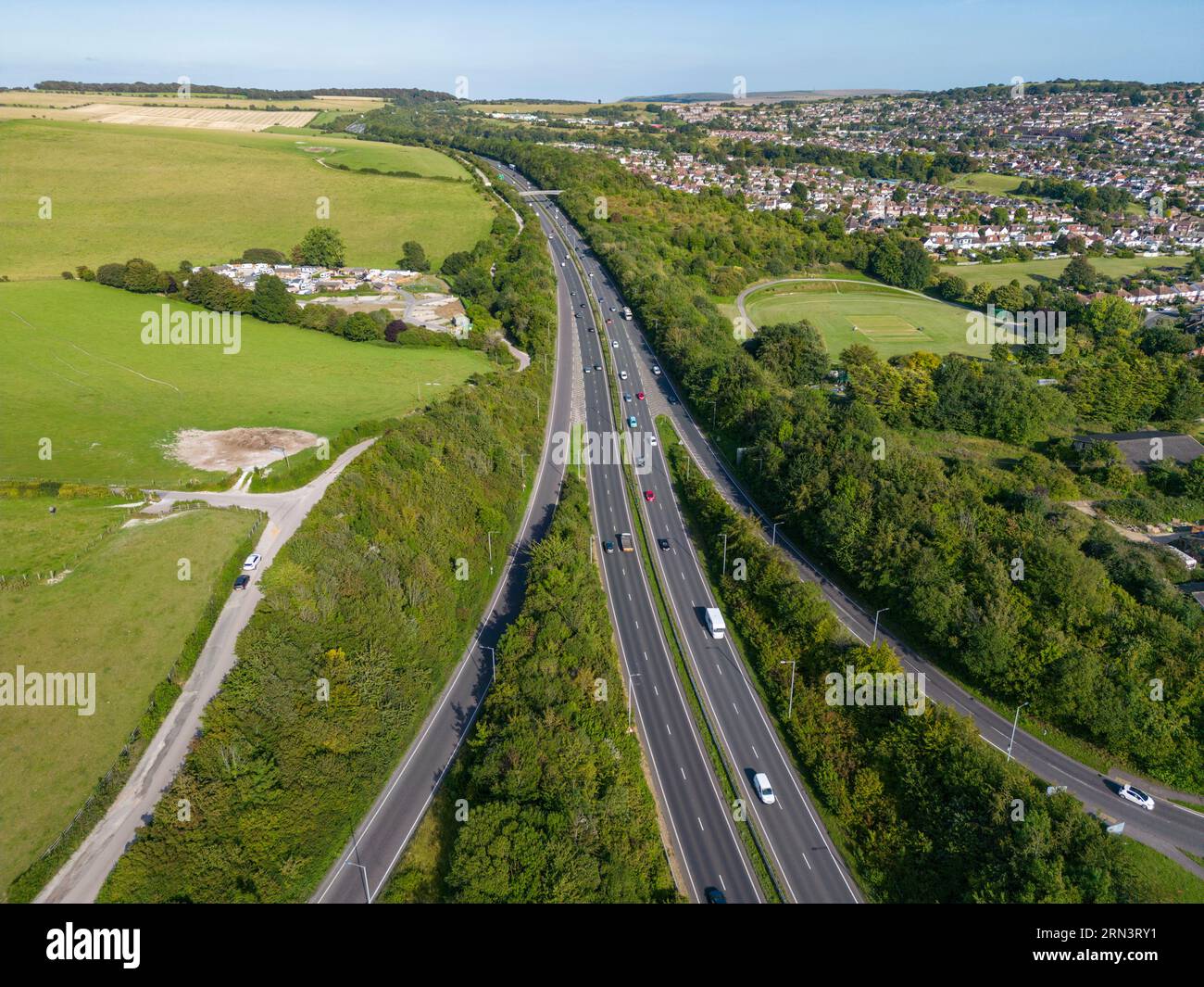 Aerial view of the A27 looking east in the direction of Lewes at Patcham, East Sussex, UK. Stock Photo