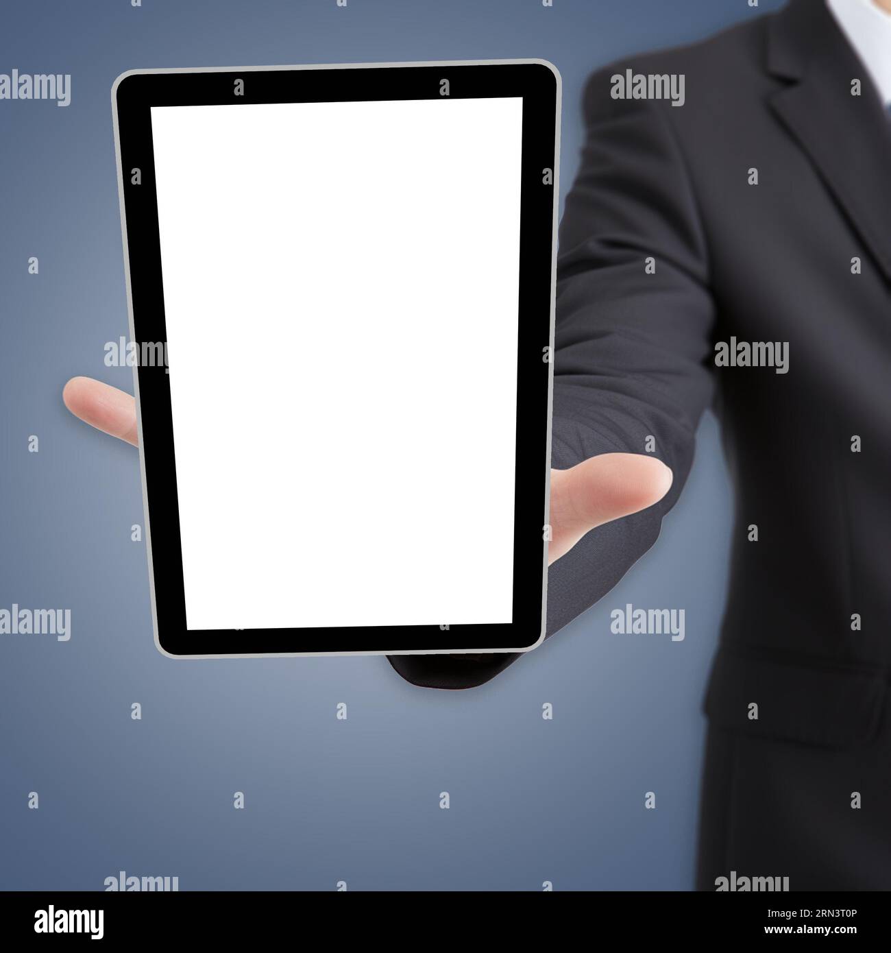 Businessman holding tablet. White blank screen copy space. Stock Photo