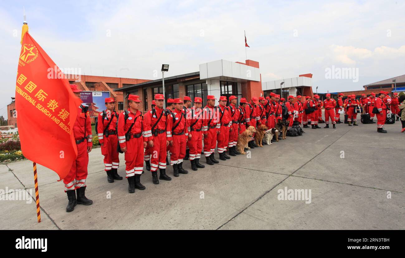 (150426) -- KATHMANDU, April 26, 2015 -- Members of the Chinese International Search and Rescue Team arrive at Tribhuwan International Airport in Kathmandu April 26, 2015, after a 7.9-magnitude quake struck Nepal on Saturday. ) NEPAL-KATHMANDU-QUAKE-RESCUE-CHINA SunilxSharma PUBLICATIONxNOTxINxCHN   Kathmandu April 26 2015 Members of The Chinese International Search and Rescue Team Arrive AT Tribhuwan International Airport in Kathmandu April 26 2015 After a 7 9 magnitude Quake Struck Nepal ON Saturday Nepal Kathmandu Quake Rescue China SunilxSharma PUBLICATIONxNOTxINxCHN Stock Photo