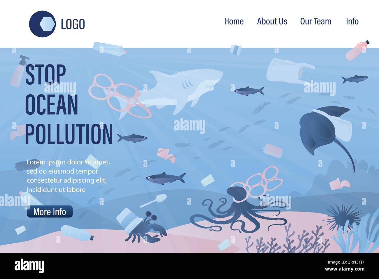 Underwater world with plastic trash and various garbage. Stop ocean ...