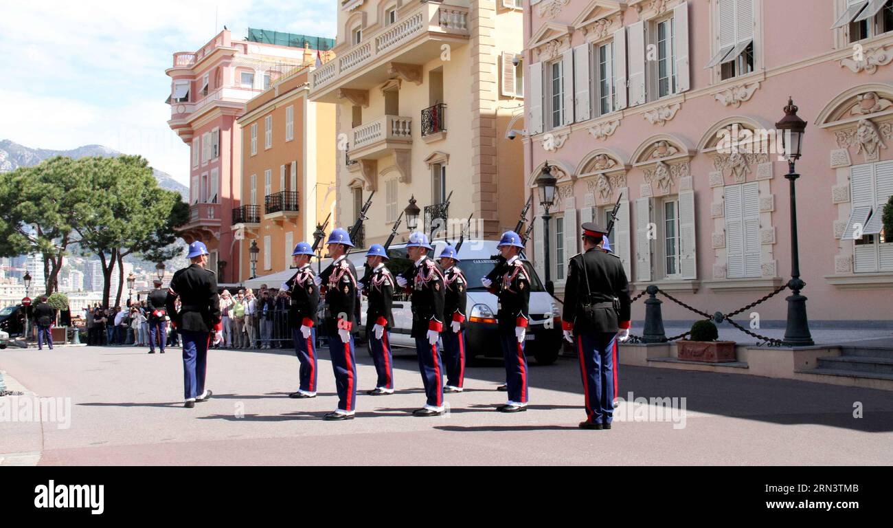 (150426) -- MONACO, April 26, 2015 -- Photo taken on April 23, 2015 shows royal guards of Monaco preparing to attend the guard changing ceremony on the Palace Square of Monaco. The traditional guard changing ceremony of Monaco is held at 11:55 a.m. on the Palace Square everyday. ) MONACO-GUARD CHANGING CEREMONY ZhengxBin PUBLICATIONxNOTxINxCHN   Monaco April 26 2015 Photo Taken ON April 23 2015 Shows Royal Guards of Monaco Preparing to attend The Guard Changing Ceremony ON The Palace Square of Monaco The Traditional Guard Changing Ceremony of Monaco IS Hero AT 11 55 a M ON The Palace Square ev Stock Photo