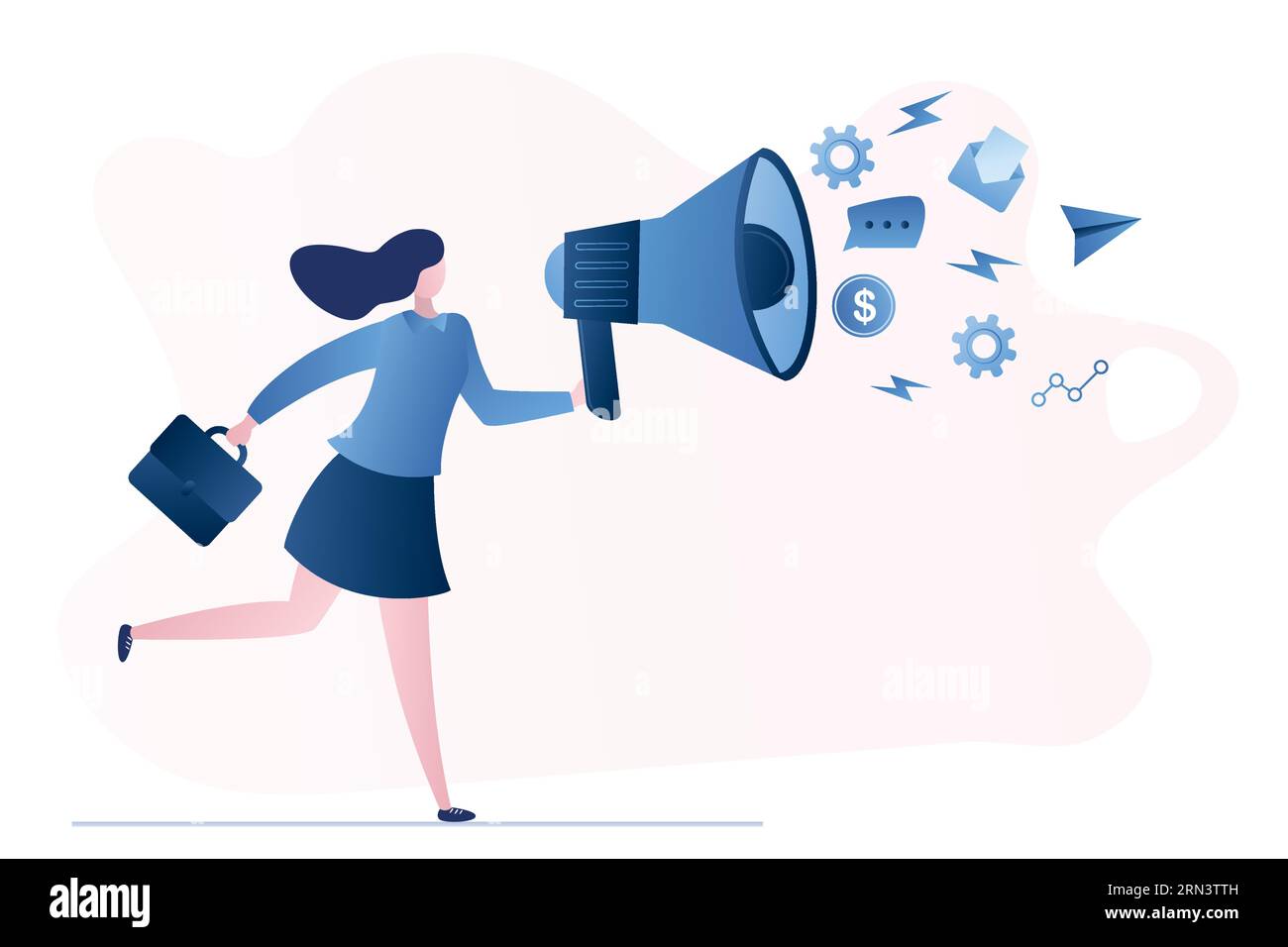 Public relations and affairs, communication. PR agency and jobs concept banner.  Businesswoman holding loudspeaker and running. Female character in tr Stock Vector