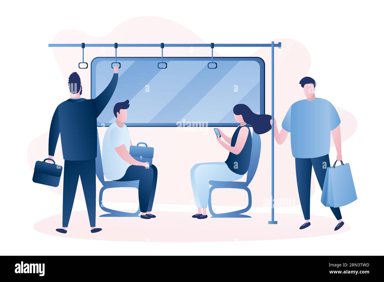 People in the subway. Male and female characters in vatious poses. Humans sitting and standing in metro. People using public transportation. Scene in Stock Vector