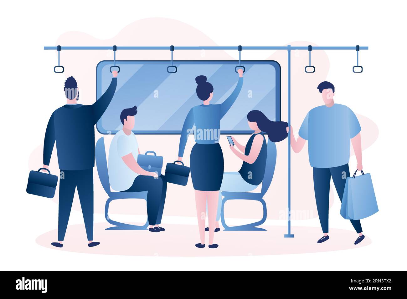 People in the subway. Male and female characters in vatious poses. Humans sitting and standing in metro. Different people using public transportation. Stock Vector
