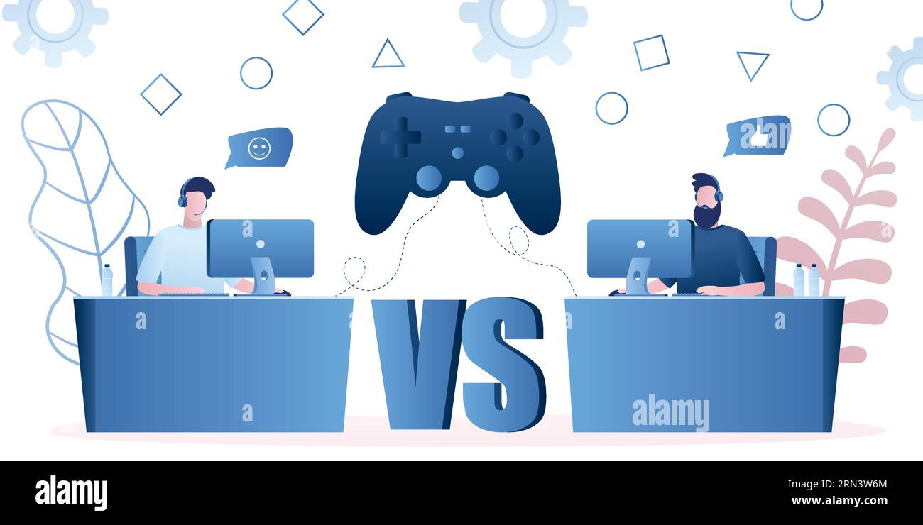 Two professional gamers and big game controller.Guys with headsets at