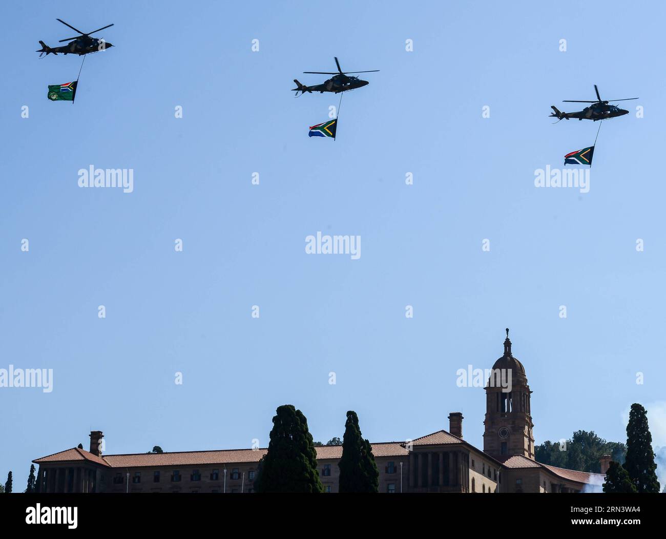 (150427) -- PRETORIA, April 27, 2014 -- Helicopters of South Africa s Air Force fly above the Union Buildings during a celebration to commemorate the Freedom Day in Pretoria, South Africa, on April 27, 2015. The Freedom Day is celebrated in South Africa annually on April 27, which is the day in 1994 when the first democratic election was held in South Africa and ended the apartheid. ) SOUTH AFRICA-PRETORIA-FREEDOM DAY-CELEBRATION ZhaixJianlan PUBLICATIONxNOTxINxCHN   Pretoria April 27 2014 Helicopters of South Africa S Air Force Fly above The Union Buildings during a Celebration to commemorate Stock Photo