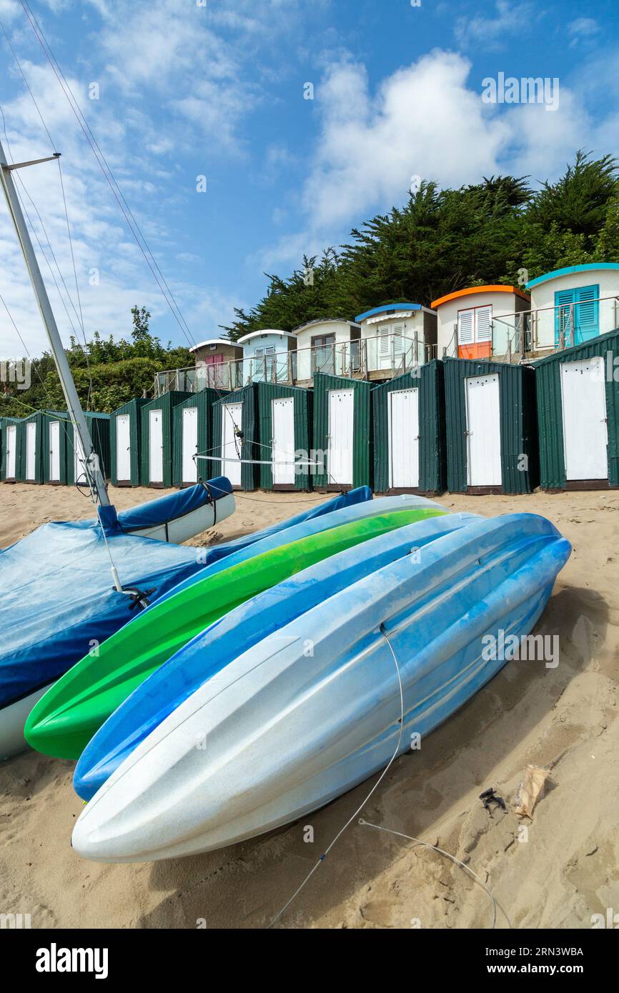 Abersoch Beach and Beach Huts on a summer day. Stock Photo