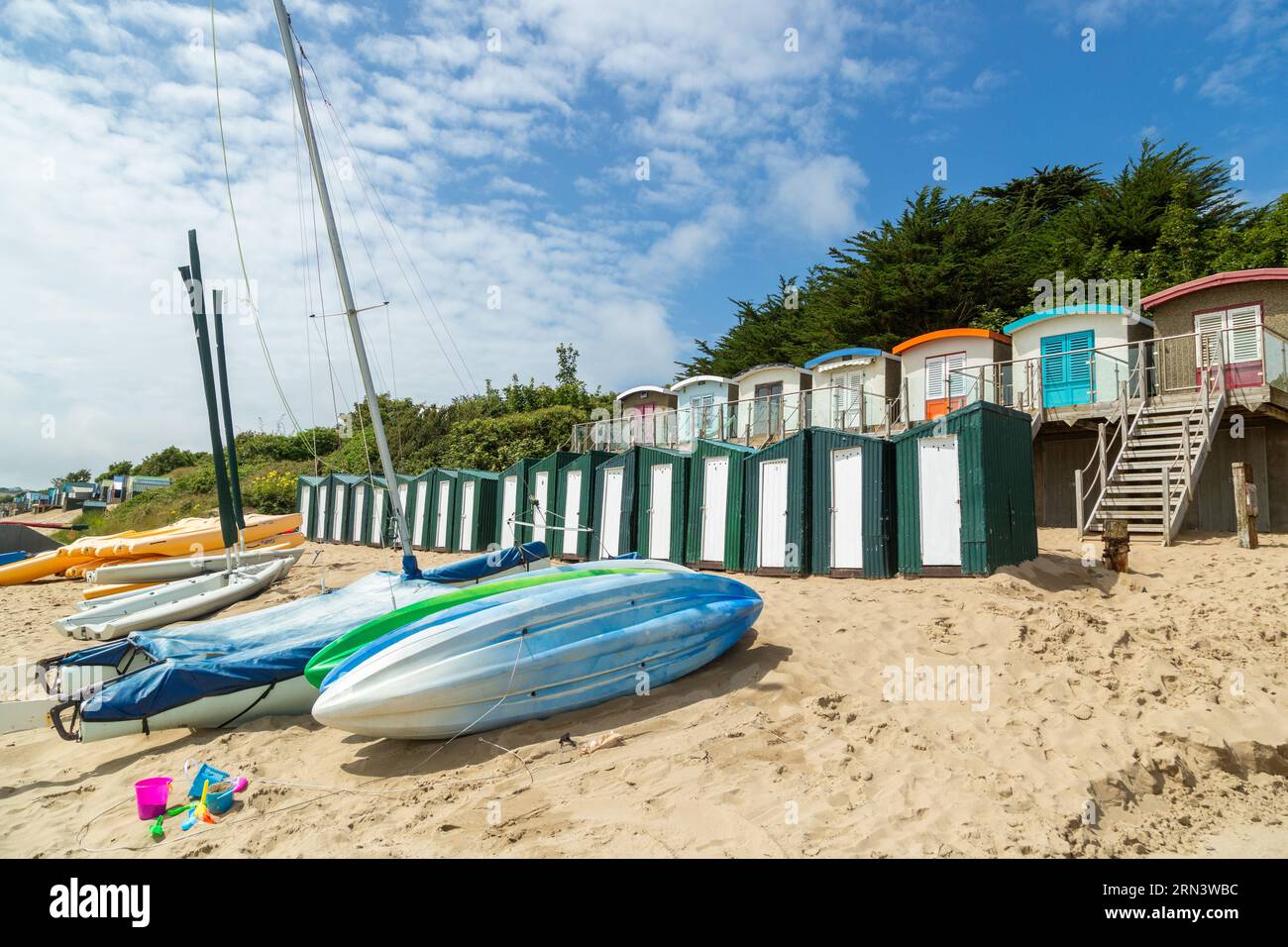 Abersoch Beach and Beach Huts on a summer day. Stock Photo