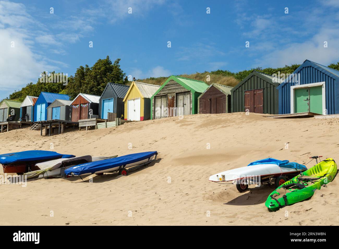 Abersoch Beach and Beach Huts on a summer day. Stock Photo