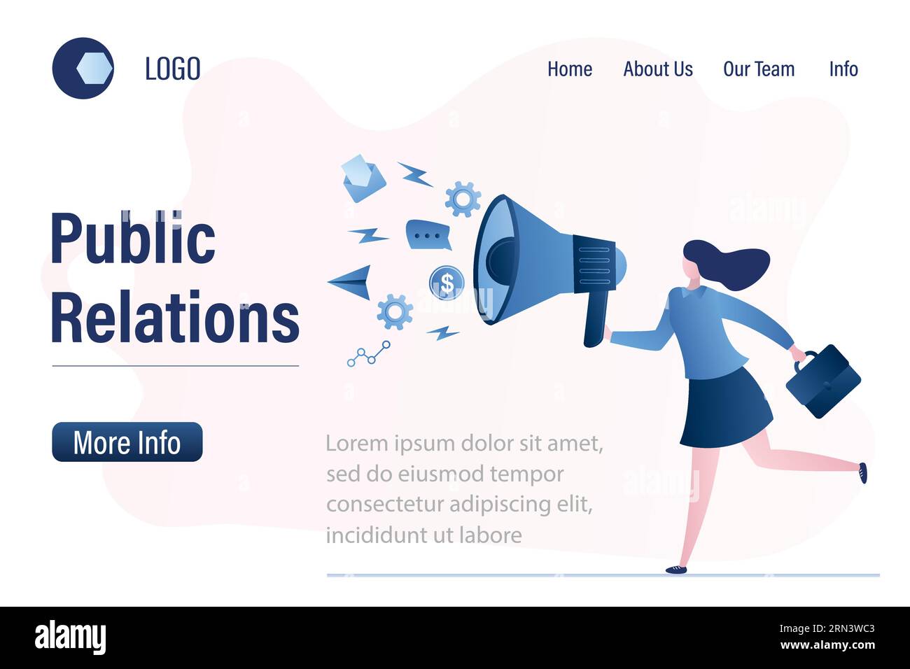 Public relations and affairs, communication landing page template. PR agency and jobs concept web banner. Woman holding loudspeaker and running. Femal Stock Vector