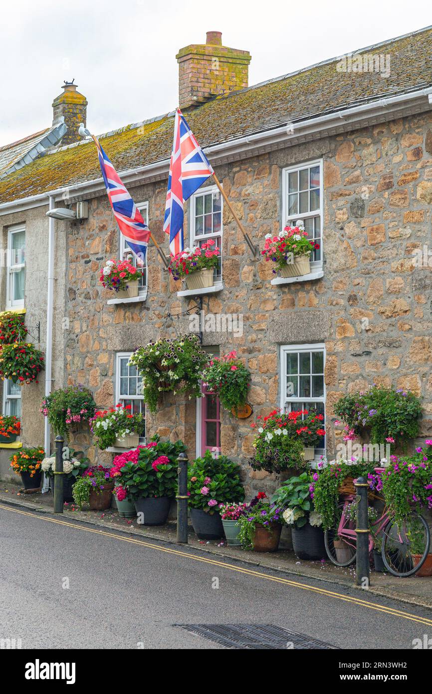 Union jack flag flying outside a house in Mount St. Michael, Cornwall. Stock Photo