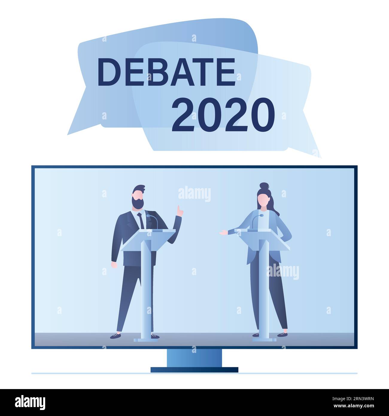 Open debates 2020 before Vote. TV screen with leaders of opposing political parties conducting intense discussion on public debates. Political televis Stock Vector