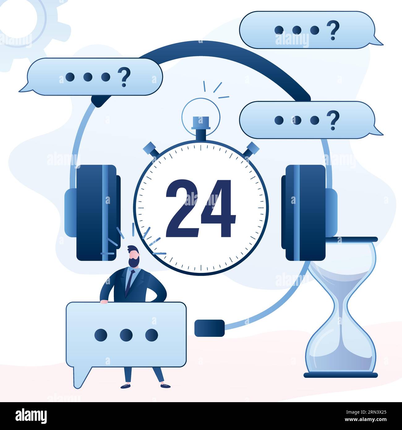 Big watch with 24 hours support,hourglass and wireless headset. Man consultant or assistant with speech bubble. Male character helper.Online support a Stock Vector