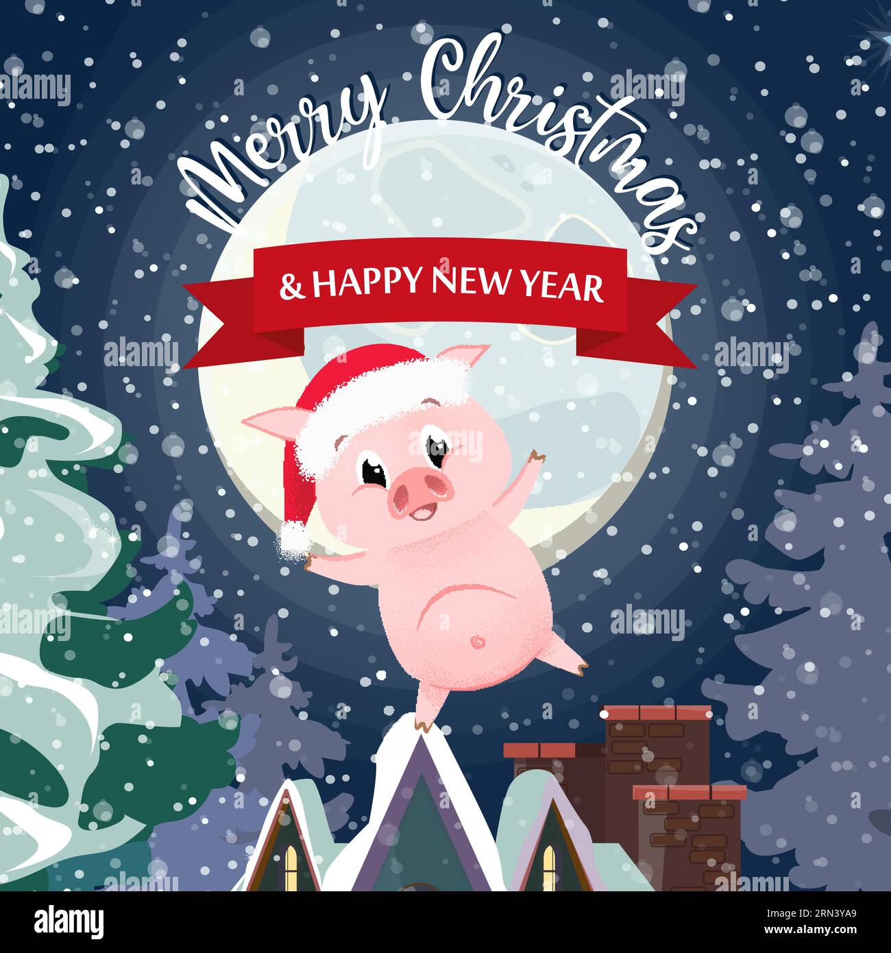 Merry Christmas lettering with cute piglet on roof Stock Vector Image ...