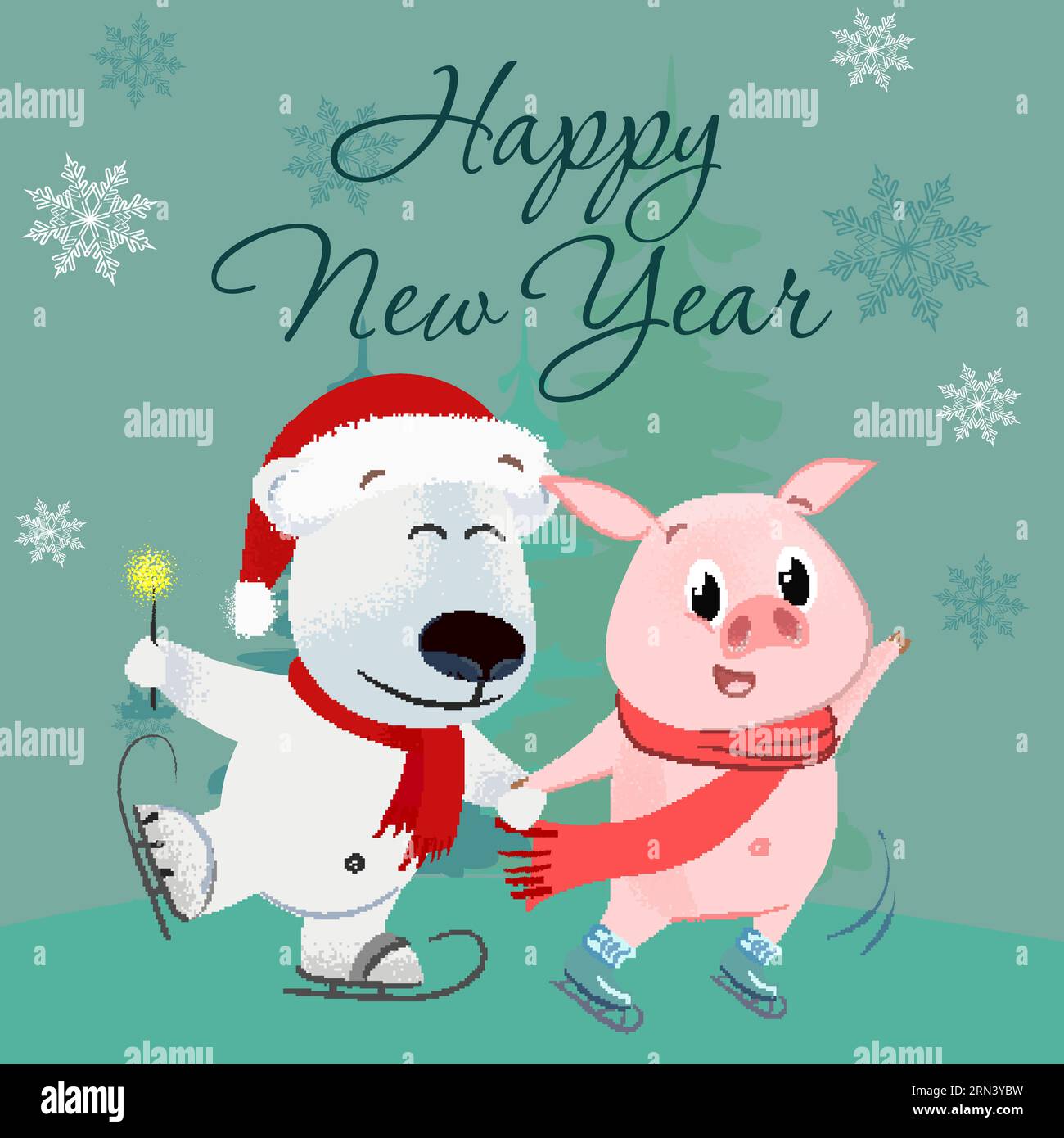 Happy New Year lettering with pig and polar bear skating Stock Vector ...