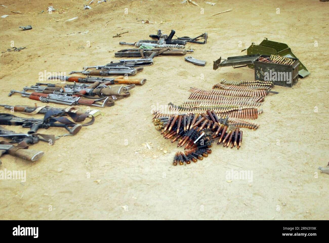 (150430) -- SAMBISA, April 30, 2015 -- Photo taken on April 30, 2015 shows the arms confiscated from the terrorists camps by the Nigerian troops in Sambisa forest, North-Eastern Nigeria. Up to 300 unidentified females have been rescued by Nigerian troops in restive northeast Sambisa forest following a daring and precise operation, a military spokesperson said on Tuesday. ) NIGERIA-SAMBISA-HOSTAGES-RESCUE Dare PUBLICATIONxNOTxINxCHN   April 30 2015 Photo Taken ON April 30 2015 Shows The Arms Confiscated from The Terrorists Camps by The Nigerian Troops in  Forest North Eastern Nigeria up to 300 Stock Photo