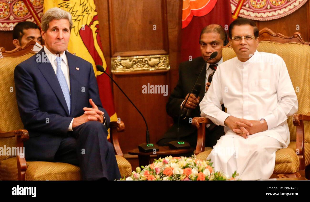U.S. Secretary of State John Kerry (L, front) meets with Sri Lankan President Maithripala Sirisena (R, front) in Colombo, Sri Lanka, May 2, 2015. John Kerry is on a two-day visit to Sri Lanka. This is the first official visit by a U.S. secretary of state since that of William Pierce Rogers in 1972. ) SRI LANKA-COLOMBO-US-JOHN KERRY-VISIT Easwaran PUBLICATIONxNOTxINxCHN   U S Secretary of State John Kerry l Front Meets With Sri Lankan President   r Front in Colombo Sri Lanka May 2 2015 John Kerry IS ON a Two Day Visit to Sri Lanka This IS The First Official Visit by a U S Secretary of State Sin Stock Photo