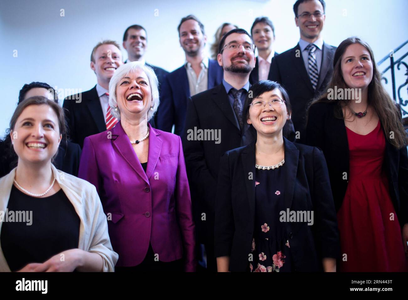(150505) -- BERLIN, May 5, 2015 -- Dr. Zhu Xiaoxiang (3rd L, front) and other recipients pose for photos prior to the award ceremony of 2015 Heinz Maier-Leibnitz Prize in Berlin, Germany, on May 5, 2015. The Heinz Maier-Leibnitz Prize, distributed by German Research Foundation (DFG) and German Federal Ministry of Education and Research (BMBF), was awarded annually to outstanding early career researchers since 1977 as both recognition and an incentive to continue pursuing a path of academic and scientific excellence. ) GERMANY-BERLIN-SCIENCE-CHINA-PRIZE ZhangxFan PUBLICATIONxNOTxINxCHN   Berlin Stock Photo