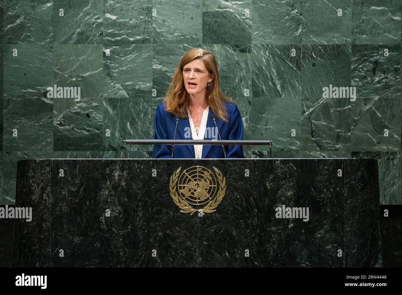(150505) -- NEW YORK, May 5, 2015 -- Samantha Power, United States Permanent Representative to the United Nations, speaks during a UN General Assembly s special meeting to commemorate all victims of WWII at the UN headquarters in New York on May 5, 2015. A UN General Assembly (GA) special meeting kicked off here on Tuesday to commemorate victims of the Second World War. ) UN-NEW YORK-WWII-COMMEMORATION LixMuzi PUBLICATIONxNOTxINxCHN   New York May 5 2015 Samantha Power United States permanently Representative to The United Nations Speaks during a UN General Assembly S Special Meeting to commem Stock Photo