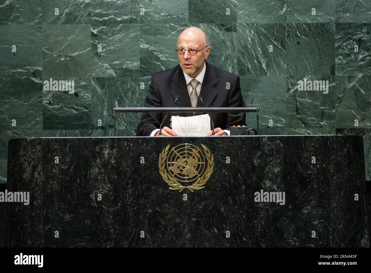 (150505) -- NEW YORK, May 5, 2015 -- Harald Braun, Germany s permanent representative to the United Nations, speaks during a UN General Assembly s special meeting to commemorate all victims of WWII at the UN headquarters in New York on May 5, 2015. A UN General Assembly (GA) special meeting kicked off here on Tuesday to commemorate victims of the Second World War. ) UN-NEW YORK-WWII-COMMEMORATION LixMuzi PUBLICATIONxNOTxINxCHN   New York May 5 2015 Harald Brown Germany S permanently Representative to The United Nations Speaks during a UN General Assembly S Special Meeting to commemorate All Vi Stock Photo