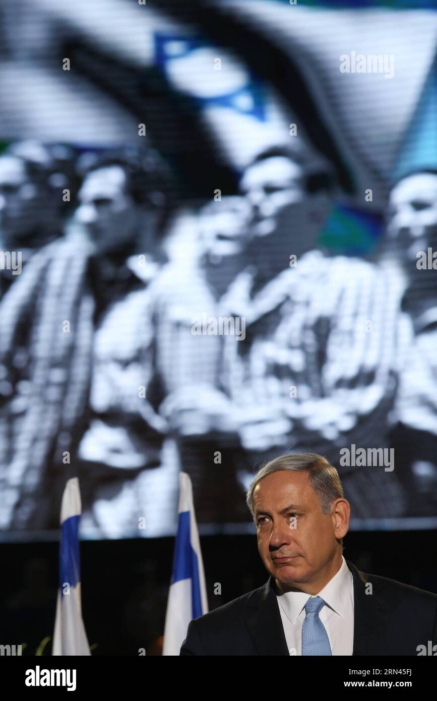 (150507) -- JERUSALEM, May 7, 2015 -- Israeli Prime Minister Benjamin Netanyahu delivers a speech during a ceremony honoring World War II veterans and marking the 70th anniversary of the Allied victory over Nazi Germany at the Armored Corps Memorial and Museum at Latrun Junction near Jerusalem, on May 7, 2015. ) MIDEAST-LATRUN-WWII-ALLIED VICTORY-THE 70TH ANNIVERSARY JINI/GilxYohanan PUBLICATIONxNOTxINxCHN   Jerusalem May 7 2015 Israeli Prime Ministers Benjamin Netanyahu delivers a Speech during a Ceremony honoring World was II Veterans and marking The 70th Anniversary of The ALLIED Victory Ov Stock Photo