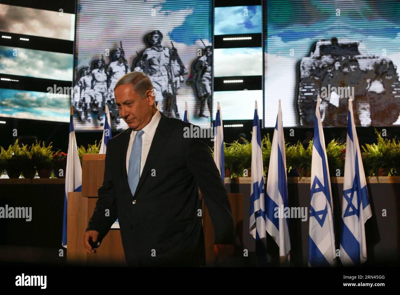 (150507) -- JERUSALEM, May 7, 2015 -- Israeli Prime Minister Benjamin Netanyahu attends a ceremony honoring World War II veterans and marking the 70th anniversary of the Allied victory over Nazi Germany at the Armored Corps Memorial and Museum at Latrun Junction near Jerusalem, on May 7, 2015. ) MIDEAST-LATRUN-WWII-ALLIED VICTORY-THE 70TH ANNIVERSARY JINI/GilxYohanan PUBLICATIONxNOTxINxCHN   Jerusalem May 7 2015 Israeli Prime Ministers Benjamin Netanyahu Attends a Ceremony honoring World was II Veterans and marking The 70th Anniversary of The ALLIED Victory Over Nazi Germany AT The Armored Cor Stock Photo