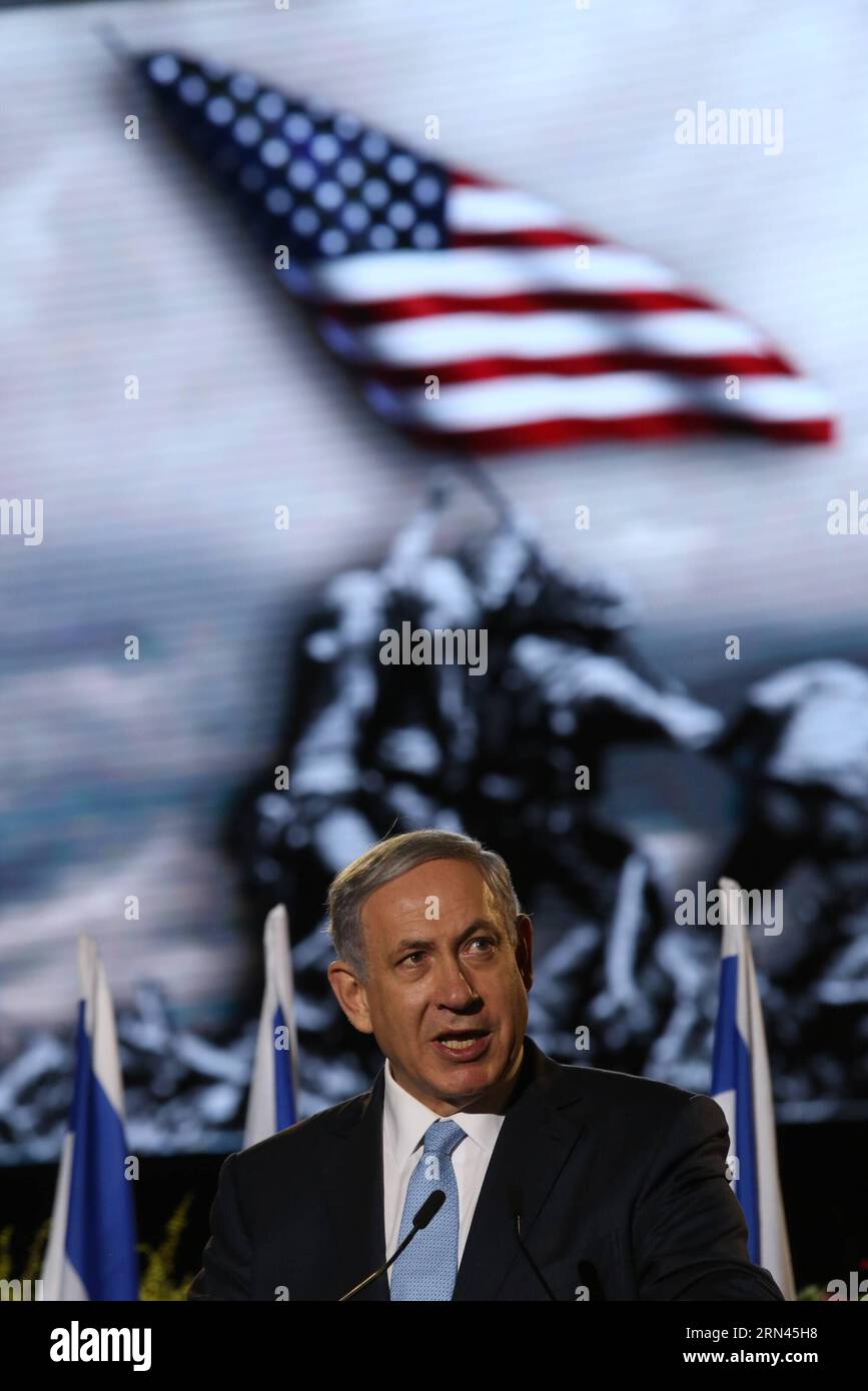 (150507) -- JERUSALEM, May 7, 2015 -- Israeli Prime Minister Benjamin Netanyahu delivers a speech during a ceremony honoring World War II veterans and marking the 70th anniversary of the Allied victory over Nazi Germany at the Armored Corps Memorial and Museum at Latrun Junction near Jerusalem, on May 7, 2015. ) MIDEAST-LATRUN-WWII-ALLIED VICTORY-THE 70TH ANNIVERSARY JINI/GilxYohanan PUBLICATIONxNOTxINxCHN   150507 Jerusalem May 7 2015 Israeli Prime Ministers Benjamin Netanyahu delivers a Speech during a Ceremony honoring World was II Veterans and marking The 70th Anniversary of The ALLIED Vic Stock Photo