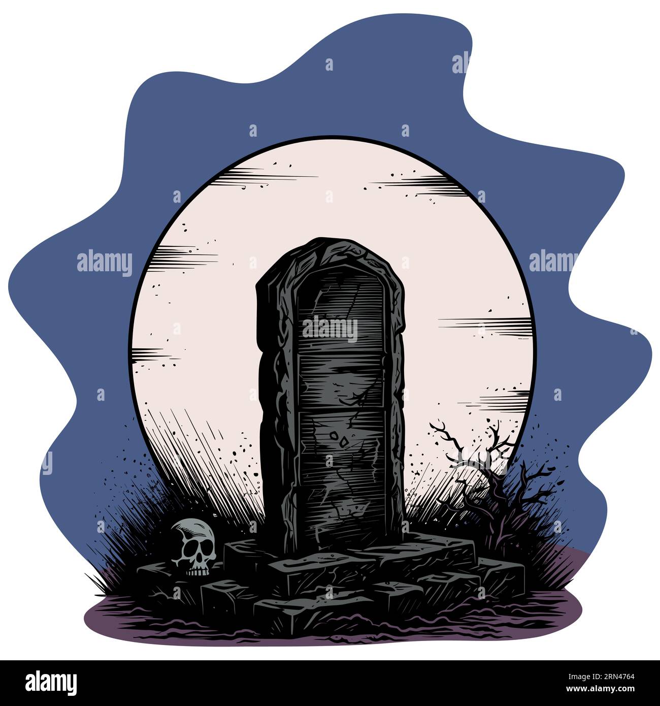 Illustration of creepy tombstone at night, isolated on white background. Stock Vector
