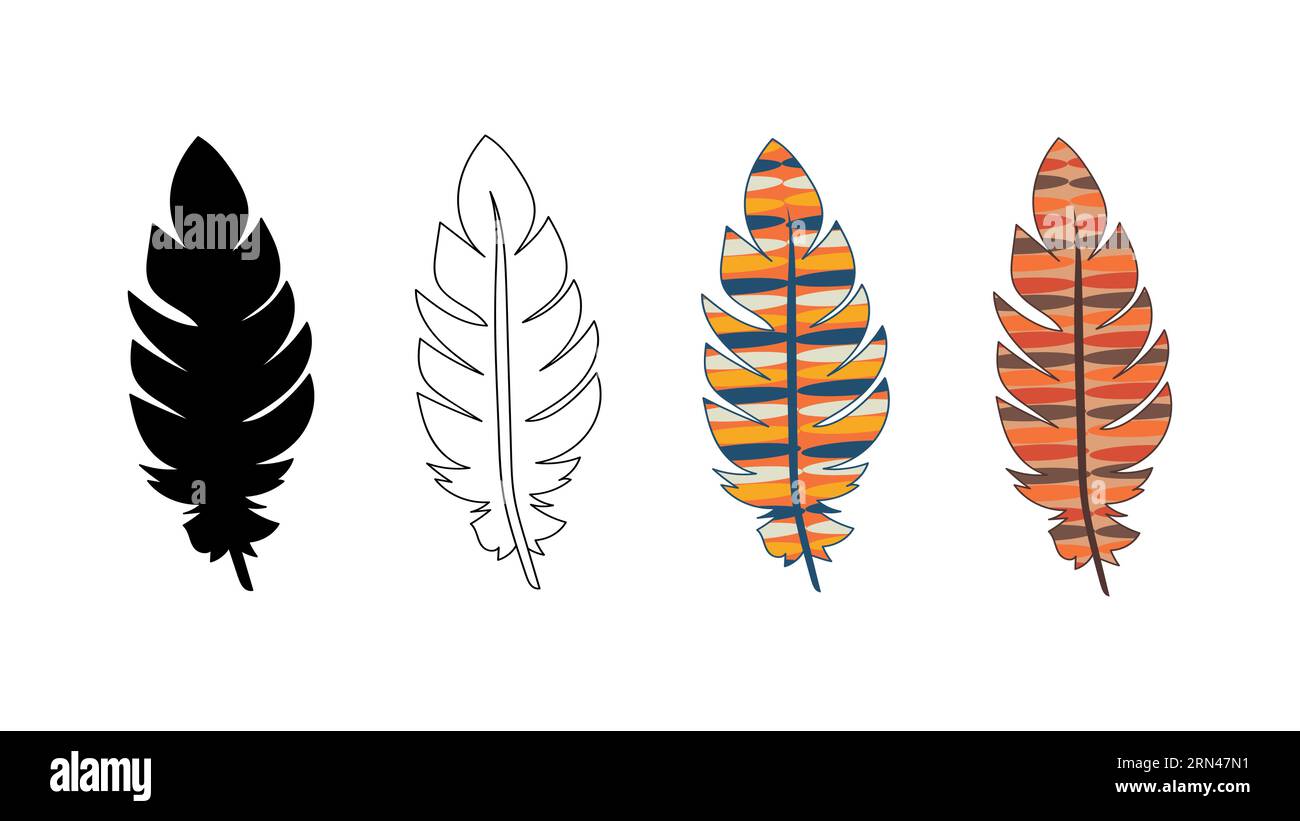 Tribal ethnic bright feathers of Indians. Stylized bird feathers. Color, outline, silhouette. Vector isolated. Native American culture. Decorative ele Stock Vector