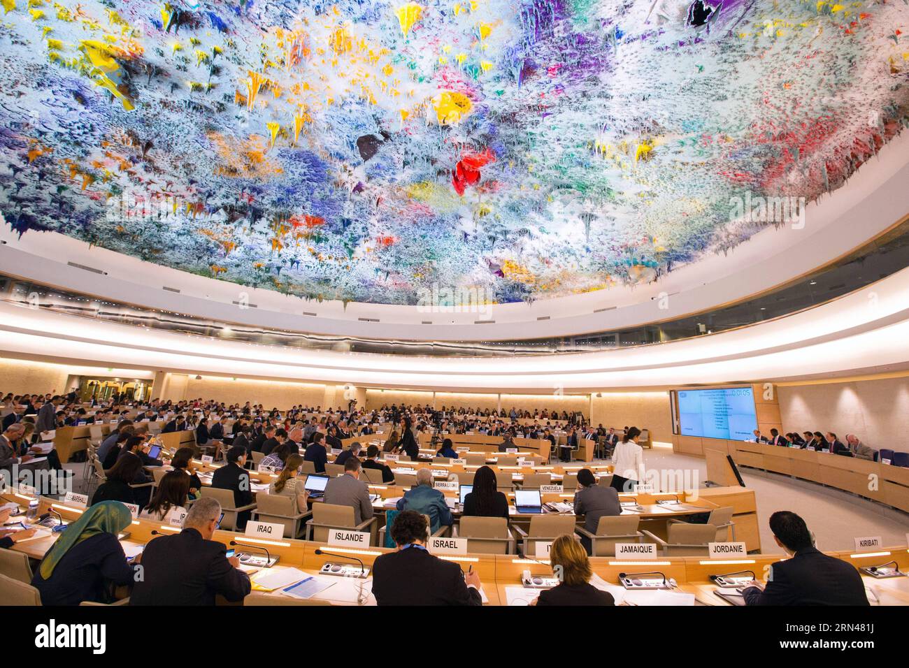 (150511) -- GENEVA, May 11, 2015 -- Delegates attend a conference of UN Human Rights Council at the United Nations European headquarters in Geneva, Switzerland, May 11, 2015. The U.S. human rights record was reviewed on Monday by the Universal Periodic Review (UPR) working group of UN Human Rights Council in view of implementing all fundamental freedoms in the country. ) SWITZERLAND-GENEVA-UN-U.S.-HUMAN RIGHTS XuxJinquan PUBLICATIONxNOTxINxCHN   150511 Geneva May 11 2015 Delegates attend a Conference of UN Human Rights Council AT The United Nations European Headquarters in Geneva Switzerland M Stock Photo