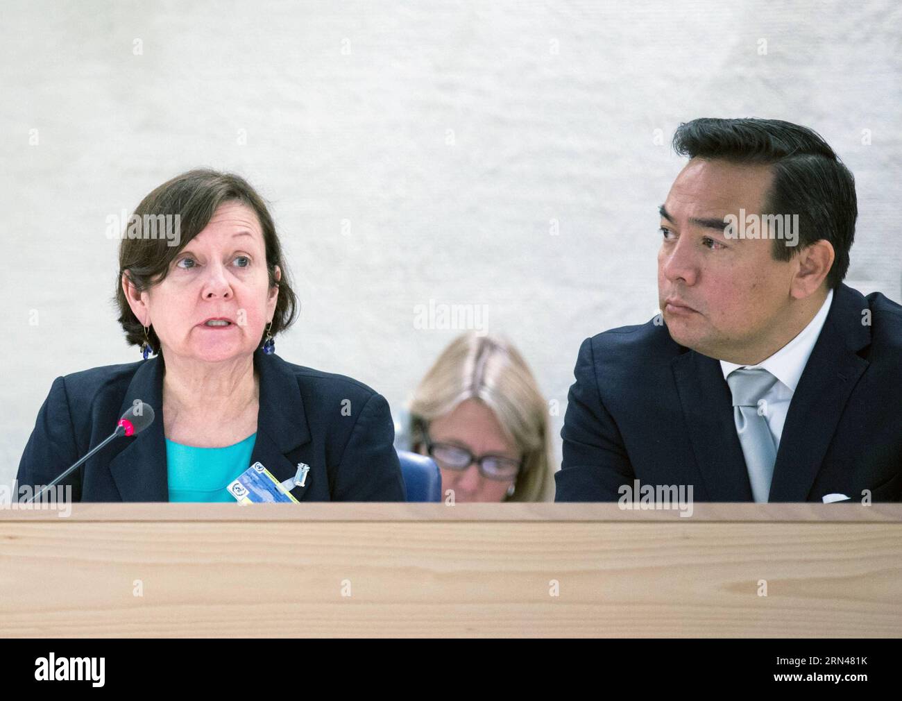 (150511) -- GENEVA, May 11, 2015 -- Keith Harper (R) , U.S. Representative to the Human Rights Council and Mary McLeod, Acting Legal Adviser at the U.S. Department of State, attend a conference of UN Human Rights Council at the United Nations European headquarters in Geneva, Switzerland, May 11, 2015. The U.S. human rights record was reviewed on Monday by the Universal Periodic Review (UPR) working group of UN Human Rights Council in view of implementing all fundamental freedoms in the country. ) SWITZERLAND-GENEVA-UN-U.S.-HUMAN RIGHTS XuxJinquan PUBLICATIONxNOTxINxCHN   150511 Geneva May 11 2 Stock Photo