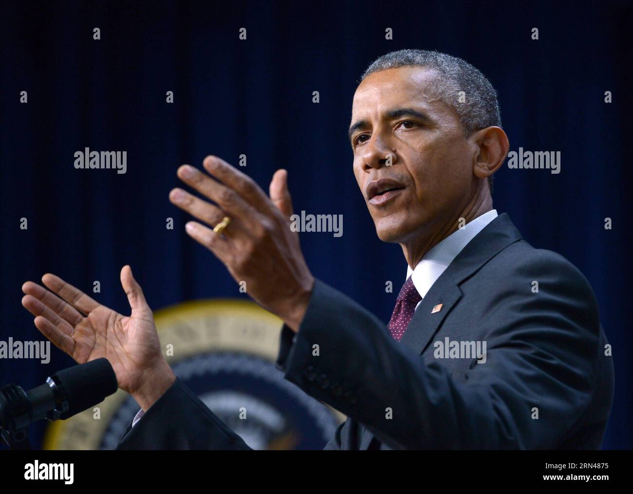 (150511) -- WASHINGTON D.C., May 11, 2015 -- U.S. President Barack Obama speaks at an event with entrepreneurs from across the United States and around the world at the South Court Auditorium of the Eisenhower Executive Office Building on the White House complex in Washington, D.C., the United States, on May 11, 2015. The White House brought together emerging entrepreneurs to highlight the importance of investing in women and young entrepreneurs to create innovative solutions to some of the world challenges, including poverty, climate change, extremism, as well as access to education and healt Stock Photo